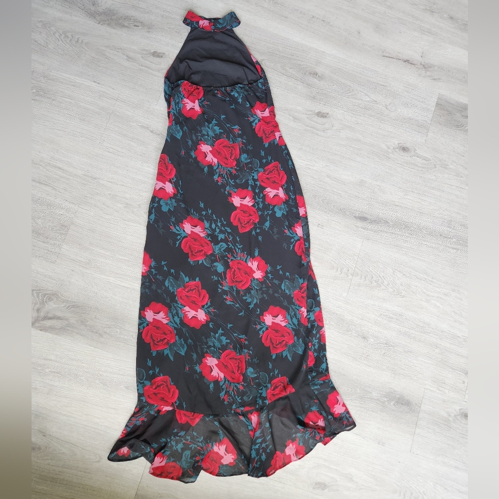 Lulu's Elegant Y2K Vibes Entrance Black Red Floral Print Halter Maxi Dress S - Picture 6 of 12